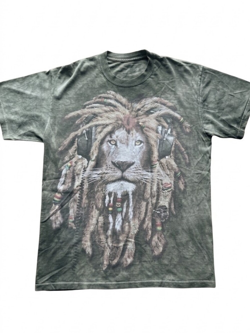 The Mountain Vintage DJ Jahman Rasta Lion Tie Dye Graphic Tee Shirt Green M